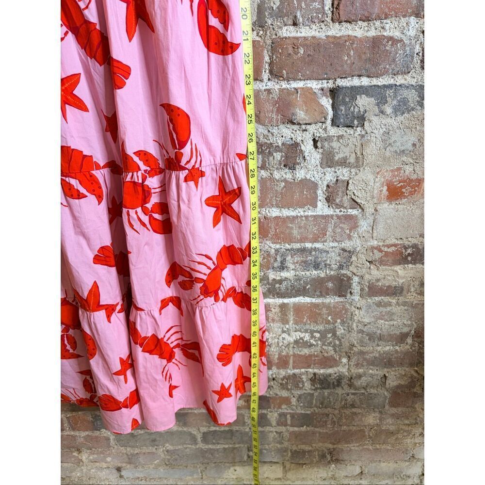 J.CREW • Pink/Red Lobster & Starfish 1” Strap Sleeve Tiered Midi Sundress • Ladi - Picture 2 of 5